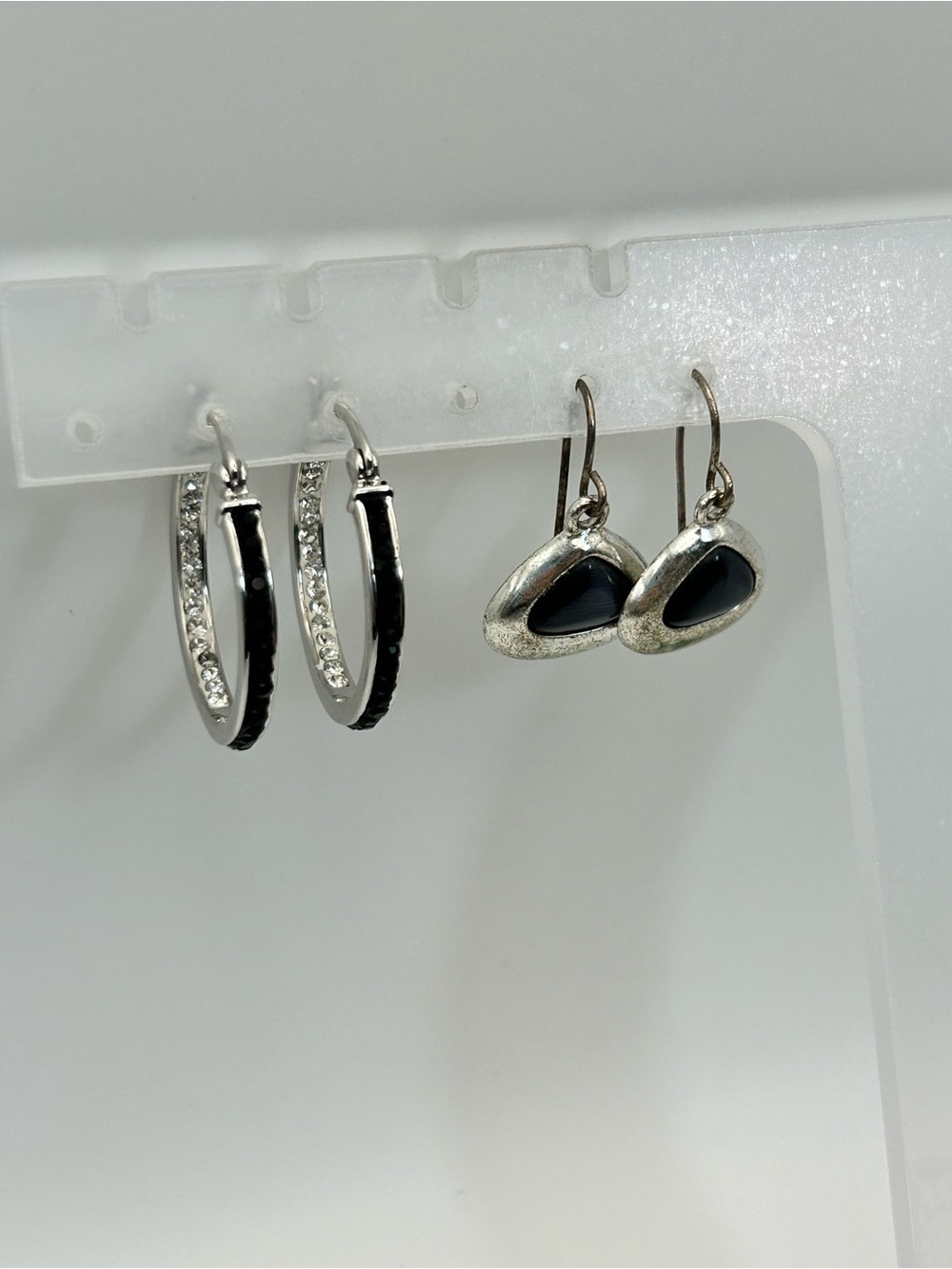 2 pair Silver & Black Tone Earrings Crystal Hoop Triangle Dangle Unsigned Casual
